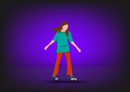 graphics image girl cartoon character riding a skateboard or surf skate standing purple background vector illustrationのイラスト素材