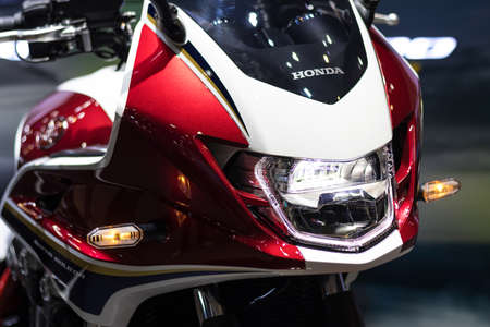 Nonthaburi Thailand -Dec 9, 2020:-   Detail parts of Headlight  Motorcycle of HONDA Motorcycle for a show at International Motor Show Nonthaburi, Thailandのeditorial素材