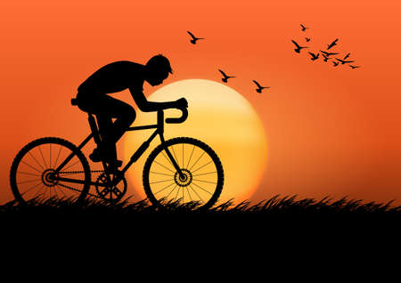 graphics image man riding a bicycle at evening with a sunset background and orange silhouette of sunset with dark grass on the ground vector illustrationのイラスト素材