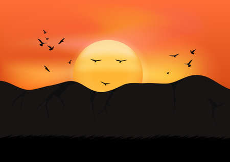 graphics image drawing sunset and mountain landscape view outdoorのイラスト素材