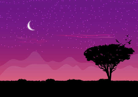 graphics design the moon and sky star with tree and grass on ground outdoor landscape nature view at night time vector illustrationのイラスト素材