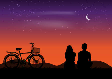 graphics drawing couple sit and view nature landscape silhouette after sunset for wallpaper background vector illustrationのイラスト素材