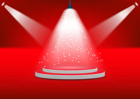 podium for show product with bright white light from spotlights red background Vector illustrationのイラスト素材