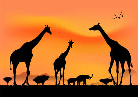 graphics landscape view giraffe at the forest with mountain background and twilight silhouette vector illustrationのイラスト素材