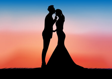 graphics image drawing Bride And Groom silhouette concept love romantic vector illustrationのイラスト素材