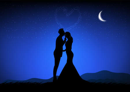 silhouette image A couple man and women with Moon in the sky at night time design vector illustration
のイラスト素材