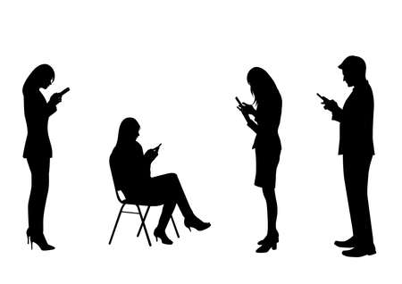 graphics silhouette Business woman and man hold smartphone for connection by technology vector illustrationのイラスト素材