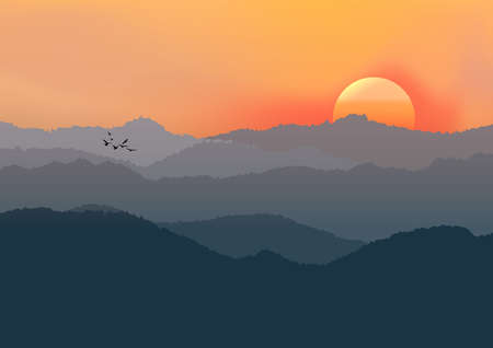 graphics drawing landscape view outdoor sunset with mountain vector illustrationのイラスト素材