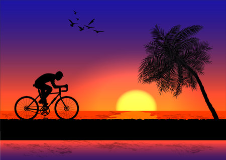 a man riding a bicycle in evening with sunset background and orange silhouette of sunset vector illustrationのイラスト素材