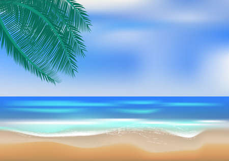 graphics drawing landscape view ocean and blue sky with coconut leaf vector illustrationのイラスト素材