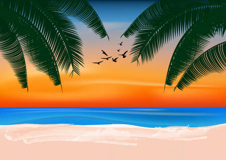 landscape view drawing ocean nature with palm tree and twilight after sunset background vector illustrationのイラスト素材