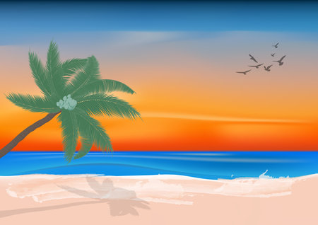 landscape view drawing ocean nature with palm tree and twilight after sunset background vector illustrationのイラスト素材