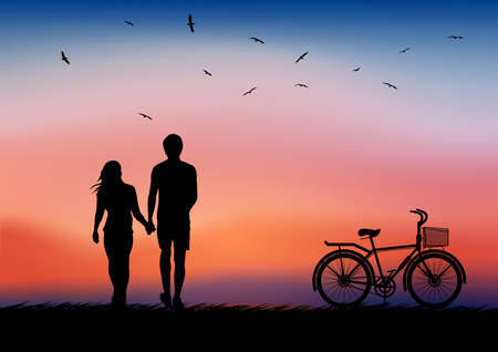 graphics drawing couple boy and girl stand to look at light silhouette orange after sunset vector illustration concept romanticのイラスト素材