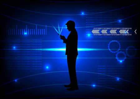 drawing silhouette business man hold smartphone, connection technology concept using smartphone vector illustrationのイラスト素材
