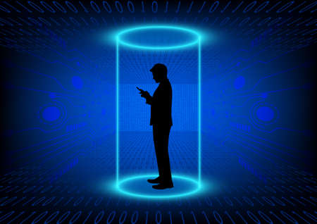 drawing silhouette business man hold smartphone, connection technology concept using smartphone vector illustrationのイラスト素材