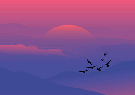 graphics drawing Landscape view sunset or sunrise win mountain background vector Illustrationのイラスト素材