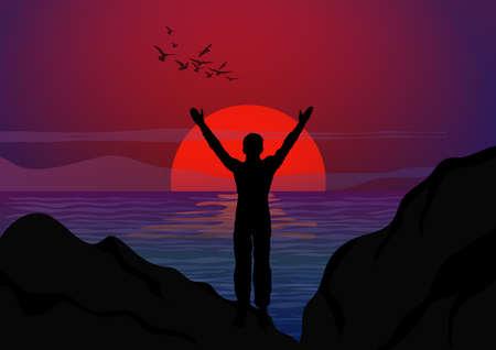 drawing concept silhouette Thanksgiving the man standing to raise your hand with sea and sunset background vector illustrationのイラスト素材
