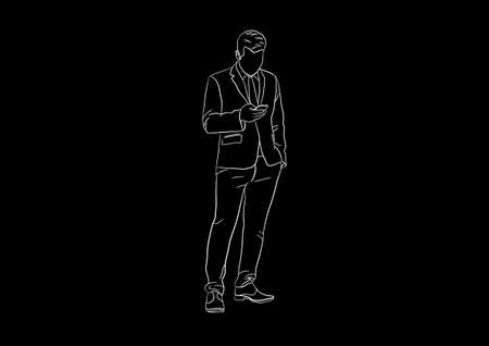 Outline Businessman standing and using the smartphone for connection technology, concept using smartphone vector illustrationのイラスト素材