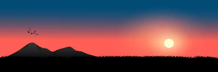 graphics drawing landscape view outdoor of sunset with grass on the ground for wallpaper background vector illustrationのイラスト素材