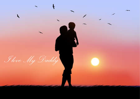 Graphics Design Father holding the young on hands with landscape view outdoor of sunset with grass on the ground for greeting card vector illustrationのイラスト素材