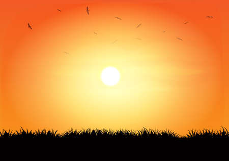 Graphics Design Father holding the young on hands with landscape view outdoor of sunset with grass on the ground for greeting card vector illustrationのイラスト素材