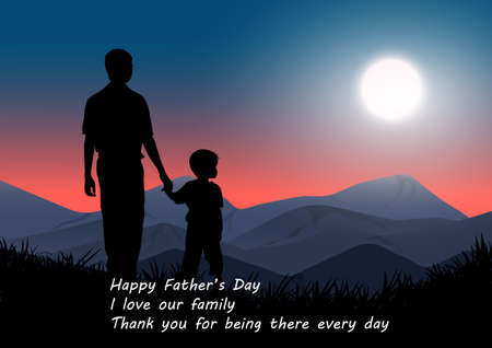 Graphics Design Father holding the young on hands with landscape view outdoor at night time for greeting card vector illustrationのイラスト素材