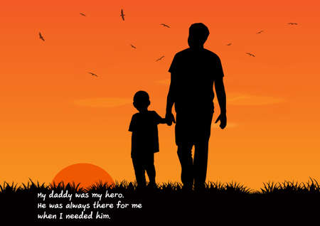 silhouette graphics Father holding the young on hands outdoor of sunset with grass on the ground for greeting card vector illustrationのイラスト素材