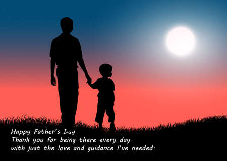 Graphics Design Father holding the young on hands with landscape view outdoor at night time for greeting card vector illustrationのイラスト素材