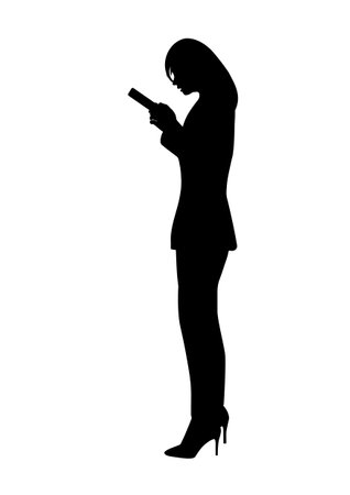 graphics silhouette Business woman hold smartphone for connection by technology vector illustrationのイラスト素材