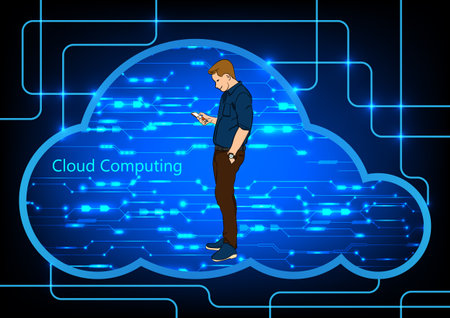 Graphics design Hitech Technology Cloud computing concept. Computer accessing online network communications from the cloud, vector illustrationのイラスト素材