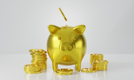 3d render money jar pig gold with money dollar coin stack, white background concept saving and financial businessの写真素材