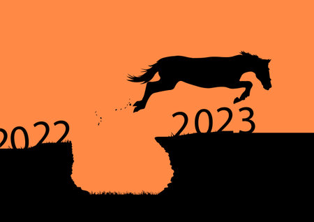 Graphics design silhouette horse jumping from 2022 to 2023 new year with sunrise background vector illustrationのイラスト素材