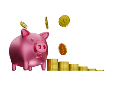 3d rendering Piggy bank with coins on white background illustration, copy space for textの写真素材