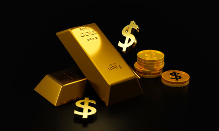 3d rendering Gold bars and dollar signs on black background concept forex trading in the investment of investorsの写真素材