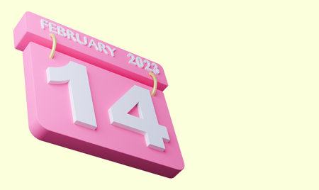 3D rendering February 14 calendar icon on yellow background with copy spaceの写真素材