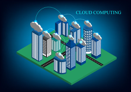 The isometric flat 3D city with skyscrapers and clouds concept network technology cloud computing data storage vector illustratorのイラスト素材