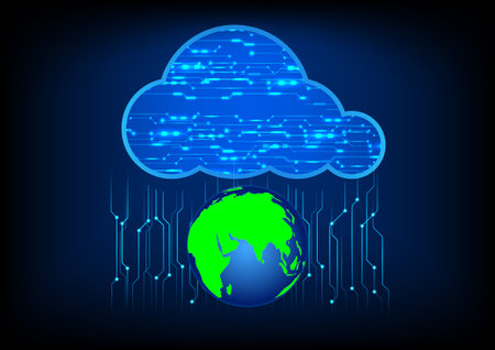 Cloud computing concept with globe and binary code on dark blue background concept cloud computing technology vector illustrationのイラスト素材