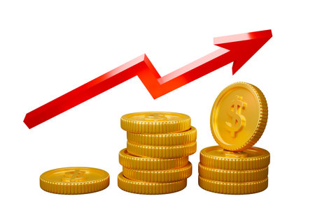 Gold coins with red arrow on white background. Isolated 3D rendering illustrationの写真素材