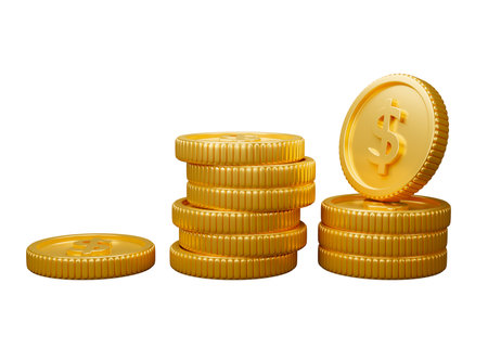 Gold coins white background. Isolated 3D rendering illustrationの写真素材