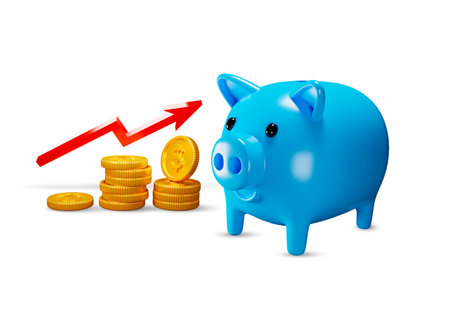 3d rendering Blue piggy bank with red arrow and stack coins on white background illustrationの写真素材