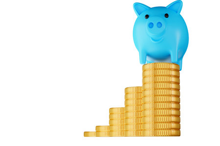 blue pig and Gold stack coins 3D rendering illustration copy space for textの写真素材