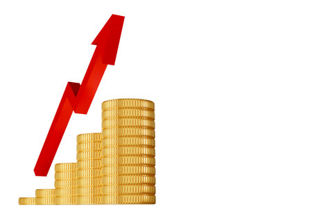 Gold coins with red arrow isolated white background with copy space 3D rendering illustrationの写真素材