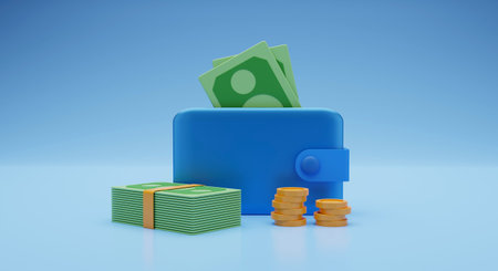 Blue Wallet with cash and coins on blue background. 3d rendering illustrationの写真素材