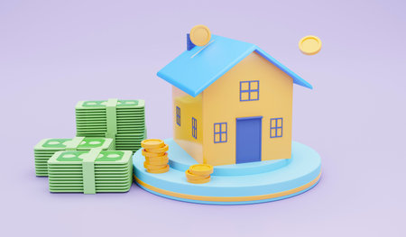 House with stack of coins and dollar bills on violet background. 3d illustrationの写真素材