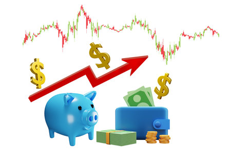 Piggy bank with Blue Wallet and red arrow up 3d rendering illustration concept saving moneyの写真素材