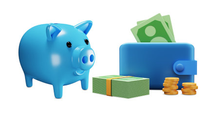 Piggy bank with Blue Wallet 3d rendering illustration concept saving moneyの写真素材