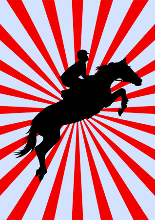 Graphics design silhouette horse jumping with red Sunburst Background, Vector Illustrationのイラスト素材