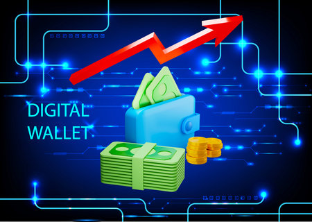 3D rendering illustration of a digital wallet with money and coins on blue background,  concept digital wallet Online paymentの写真素材