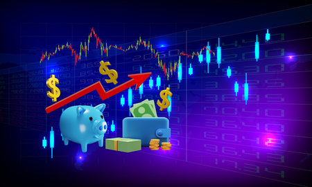 3D Rendering Piggy bank, banknotes, wallet concept Financial Growth Chart Illustration with Stock Market Crash and Technology and Business Success Conceptの写真素材