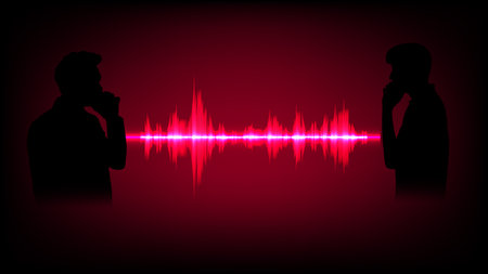 silhouette of two people talking with the symbol Sound Wave Blue Digital Frequency wavelength graphic design Vector Illustrationのイラスト素材